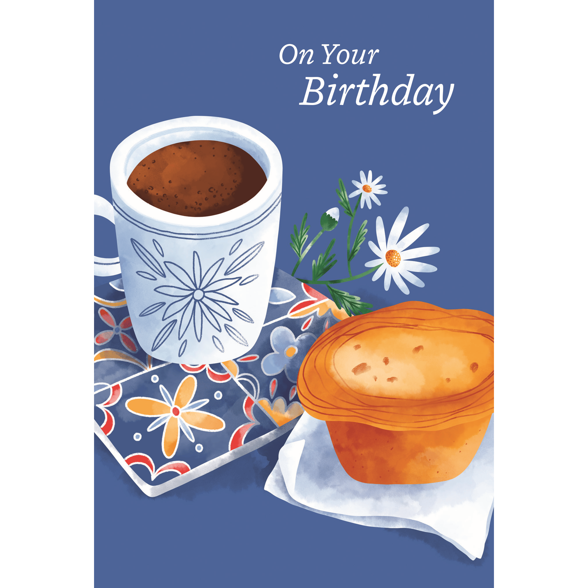 Pictura coffee and dessert birthday card featuring colorful illustrations of coffee cups and desserts for special occasions